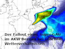 Der Fallout eines Super-GAU im AKW Beznau bei üblichen Wetterverhältnissen, Karte von Europa - Grafik: FlexRISK - Creative-Commons-Lizenz Namensnennung Nicht-Kommerziell 3.0