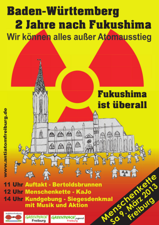 Plakat für Menschenkette Freiburg, 9.03.13 - Grafik: Anti-Atom-Gruppe Freiburg - Creative-Commons-Lizenz Namensnennung Nicht-Kommerziell 3.0